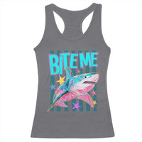 Funny Bite Me Shark Lover Racerback Tank Top Summer Beach Nautical Stripes Glitter Print