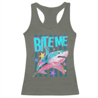 Funny Bite Me Shark Lover Racerback Tank Top Summer Beach Nautical Stripes Glitter Print