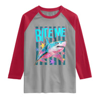 Funny Bite Me Shark Lover Raglan Shirt Summer Beach Nautical Stripes Glitter Print