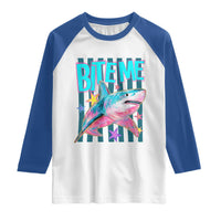 Funny Bite Me Shark Lover Raglan Shirt Summer Beach Nautical Stripes Glitter Print