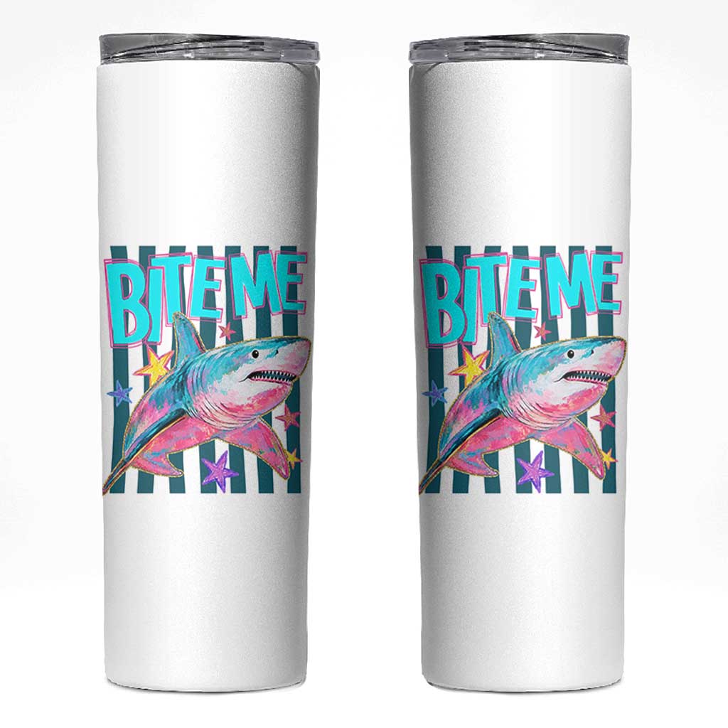 Funny Bite Me Shark Lover Skinny Tumbler Summer Beach Nautical Stripes Glitter Print
