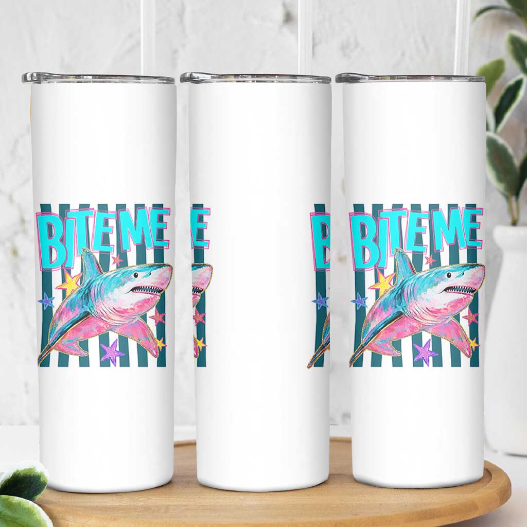 Funny Bite Me Shark Lover Skinny Tumbler Summer Beach Nautical Stripes Glitter Print