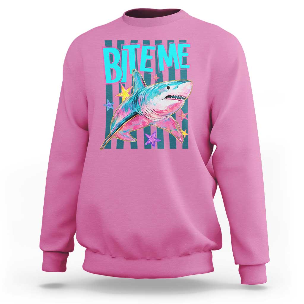 Funny Bite Me Shark Lover Sweatshirt Summer Beach Nautical Stripes Glitter Print