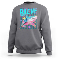 Funny Bite Me Shark Lover Sweatshirt Summer Beach Nautical Stripes Glitter Print