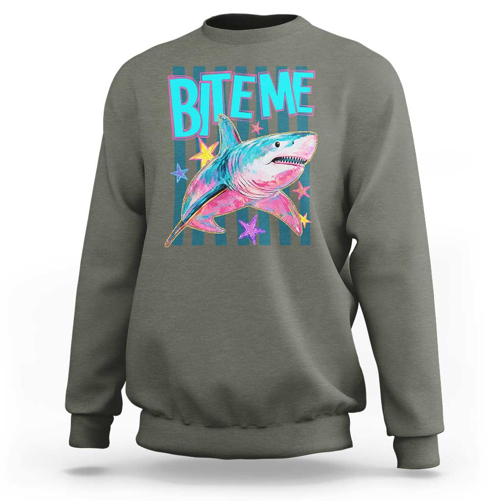 Funny Bite Me Shark Lover Sweatshirt Summer Beach Nautical Stripes Glitter Print