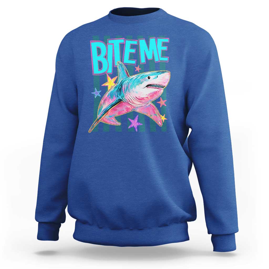 Funny Bite Me Shark Lover Sweatshirt Summer Beach Nautical Stripes Glitter Print
