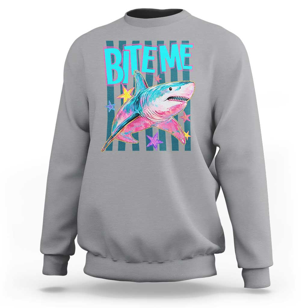 Funny Bite Me Shark Lover Sweatshirt Summer Beach Nautical Stripes Glitter Print