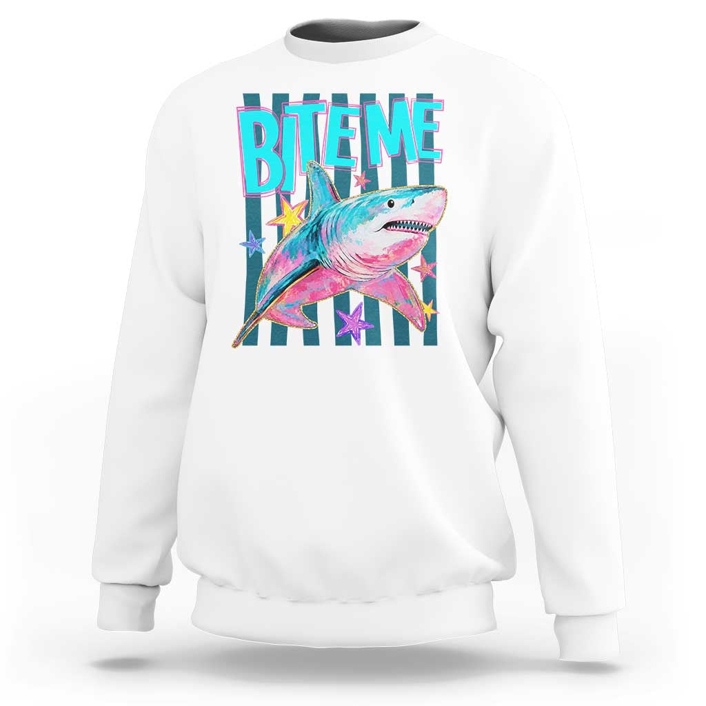 Funny Bite Me Shark Lover Sweatshirt Summer Beach Nautical Stripes Glitter Print
