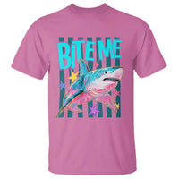 Funny Bite Me Shark Lover T Shirt Summer Beach Nautical Stripes Glitter Print