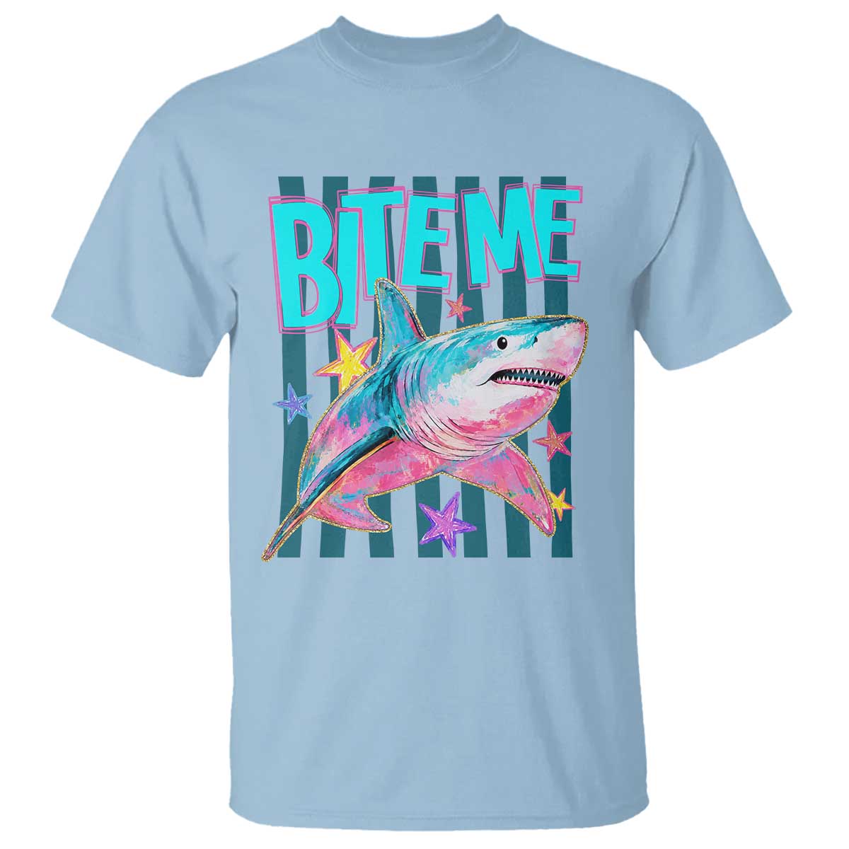 Funny Bite Me Shark Lover T Shirt Summer Beach Nautical Stripes Glitter Print