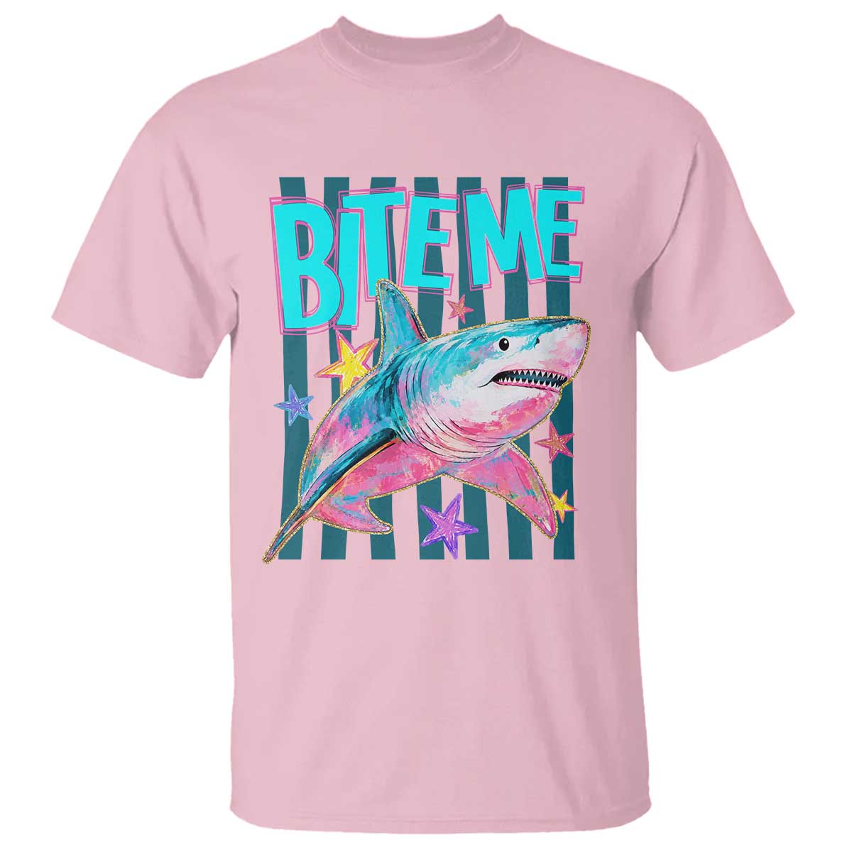 Funny Bite Me Shark Lover T Shirt Summer Beach Nautical Stripes Glitter Print