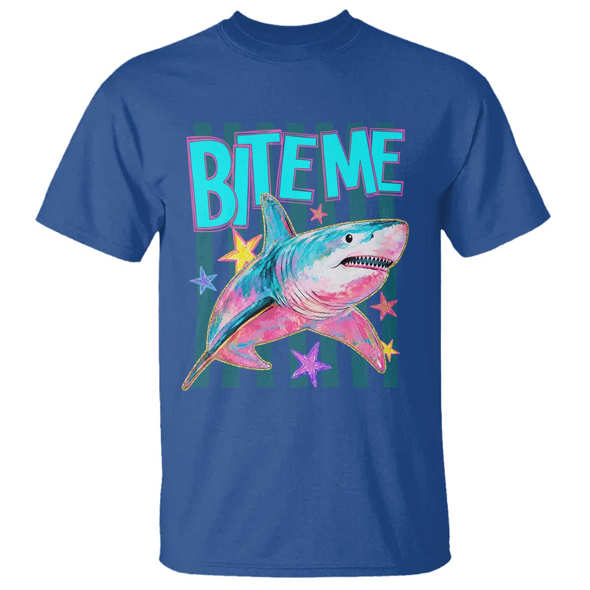 Funny Bite Me Shark Lover T Shirt Summer Beach Nautical Stripes Glitter Print