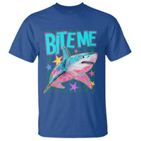 Funny Bite Me Shark Lover T Shirt Summer Beach Nautical Stripes Glitter Print