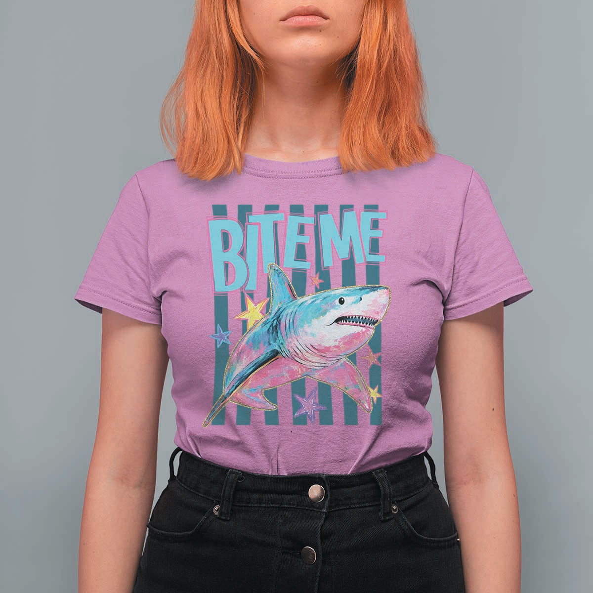 Funny Bite Me Shark Lover T Shirt For Women Summer Beach Nautical Stripes Glitter Print