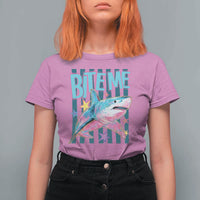 Funny Bite Me Shark Lover T Shirt For Women Summer Beach Nautical Stripes Glitter Print