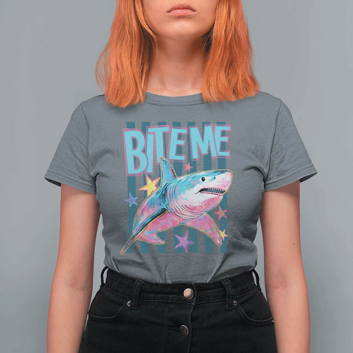 Funny Bite Me Shark Lover T Shirt For Women Summer Beach Nautical Stripes Glitter Print