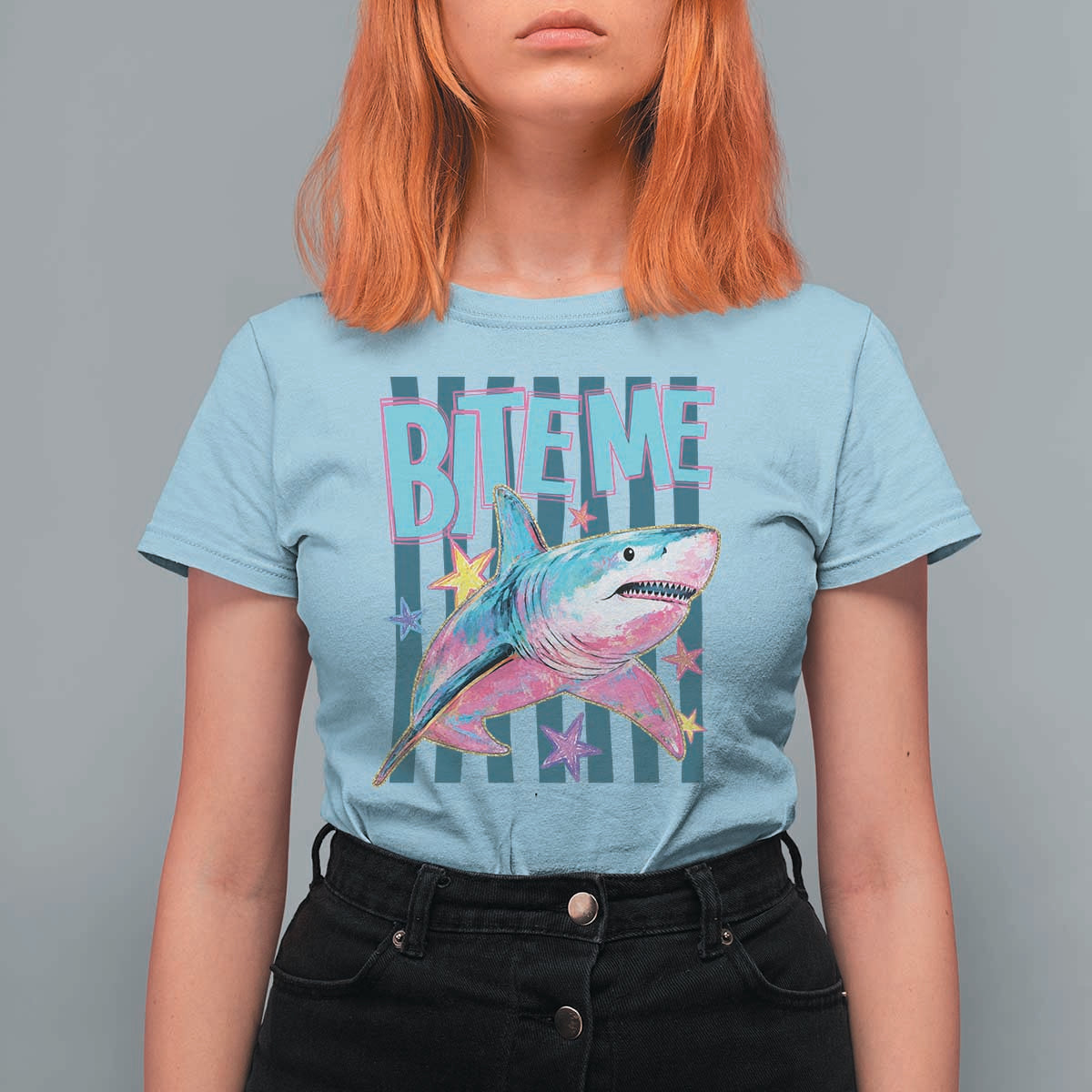 Funny Bite Me Shark Lover T Shirt For Women Summer Beach Nautical Stripes Glitter Print