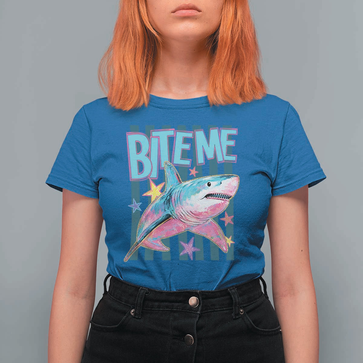 Funny Bite Me Shark Lover T Shirt For Women Summer Beach Nautical Stripes Glitter Print
