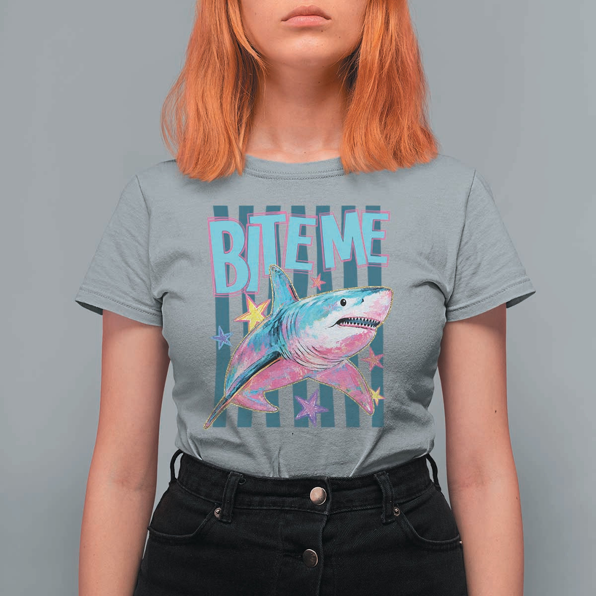Funny Bite Me Shark Lover T Shirt For Women Summer Beach Nautical Stripes Glitter Print