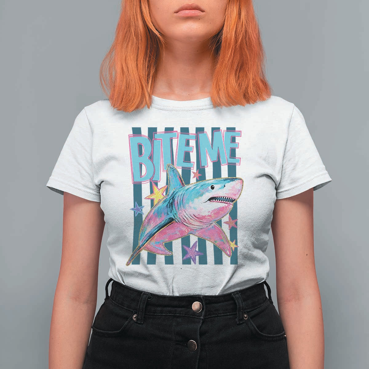 Funny Bite Me Shark Lover T Shirt For Women Summer Beach Nautical Stripes Glitter Print