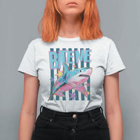 Funny Bite Me Shark Lover T Shirt For Women Summer Beach Nautical Stripes Glitter Print