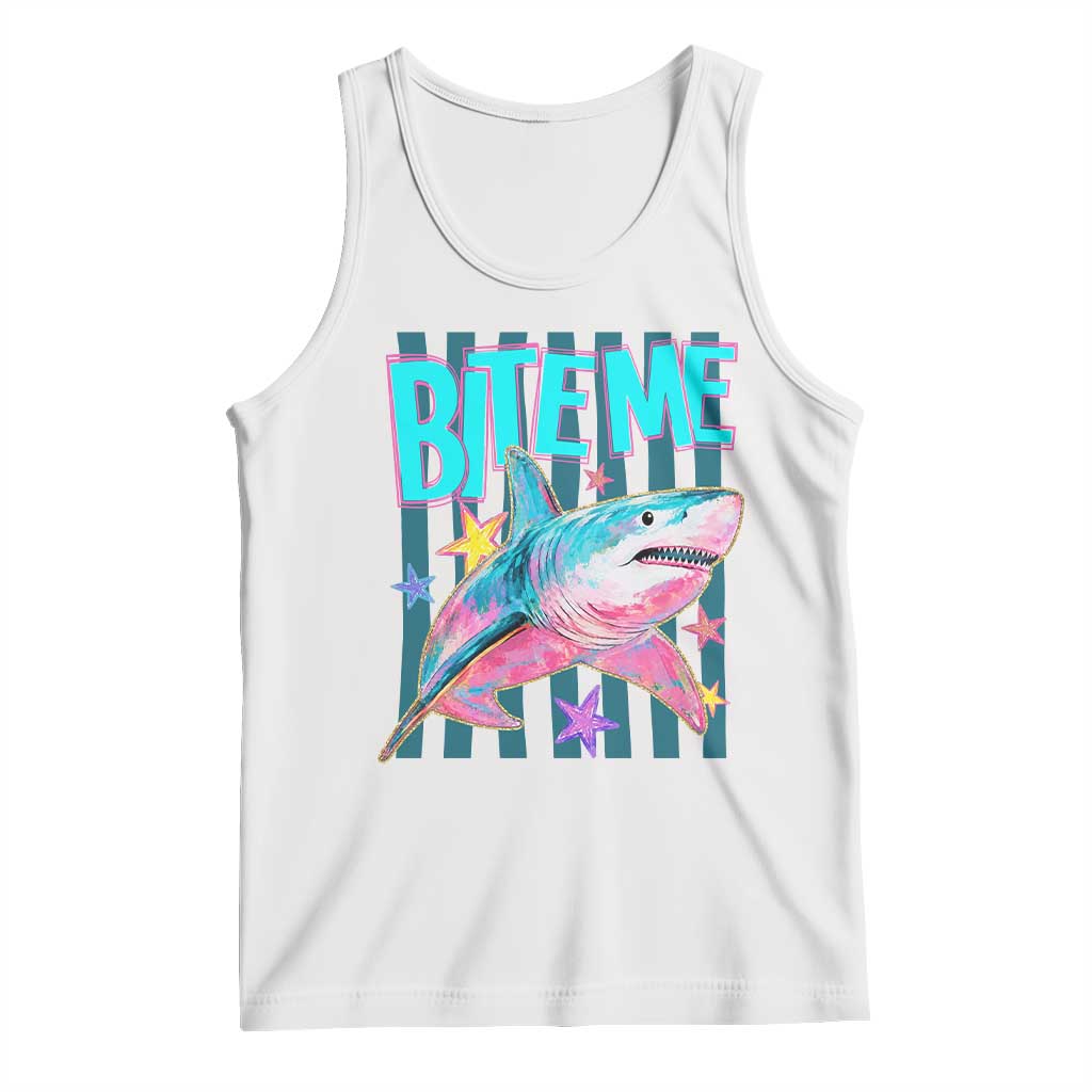 Funny Bite Me Shark Lover Tank Top Summer Beach Nautical Stripes Glitter Print