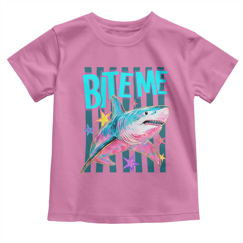 Funny Bite Me Shark Lover Toddler T Shirt Summer Beach Nautical Stripes Glitter Print