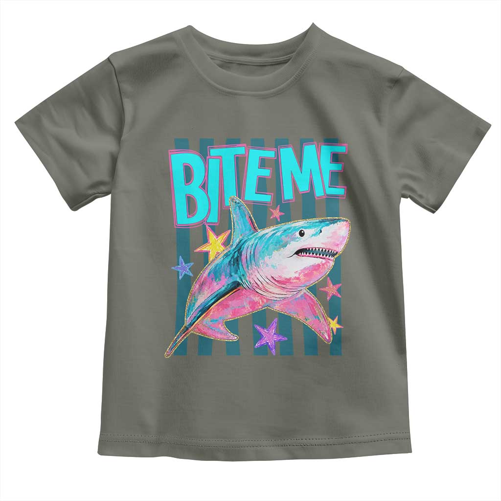 Funny Bite Me Shark Lover Toddler T Shirt Summer Beach Nautical Stripes Glitter Print