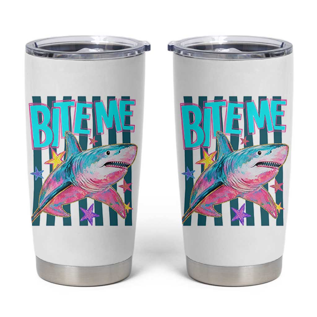 Funny Bite Me Shark Lover Tumbler Cup Summer Beach Nautical Stripes Glitter Print