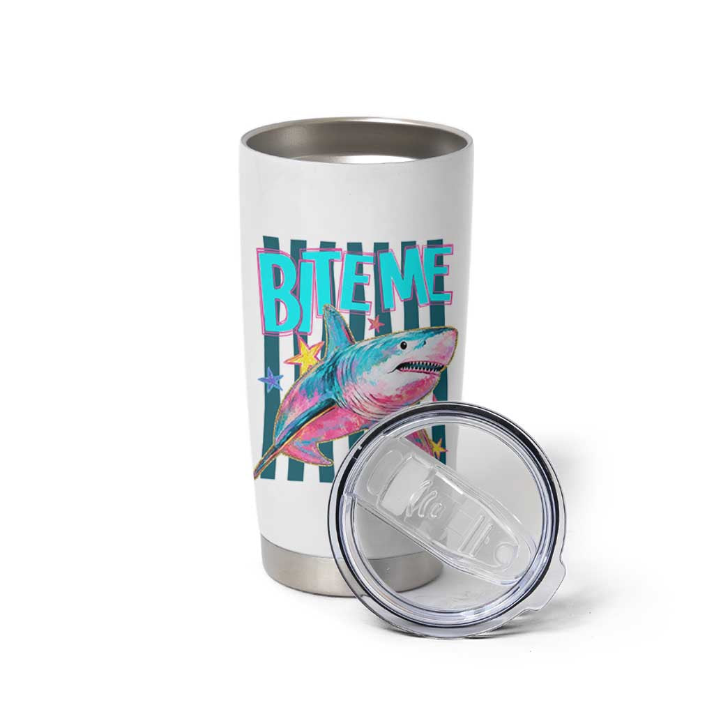 Funny Bite Me Shark Lover Tumbler Cup Summer Beach Nautical Stripes Glitter Print