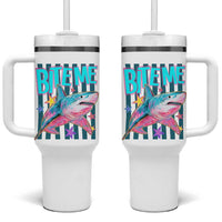 Funny Bite Me Shark Lover Tumbler With Handle Summer Beach Nautical Stripes Glitter Print