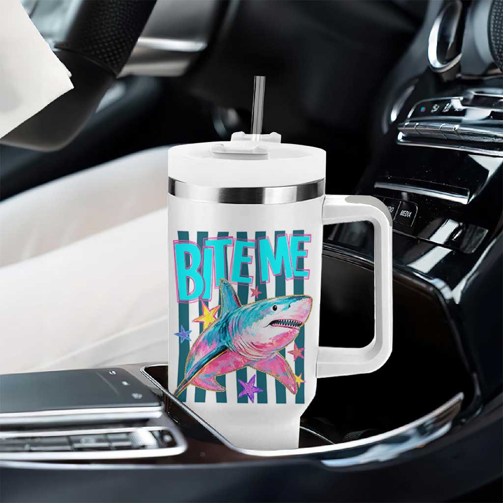 Funny Bite Me Shark Lover Tumbler With Handle Summer Beach Nautical Stripes Glitter Print