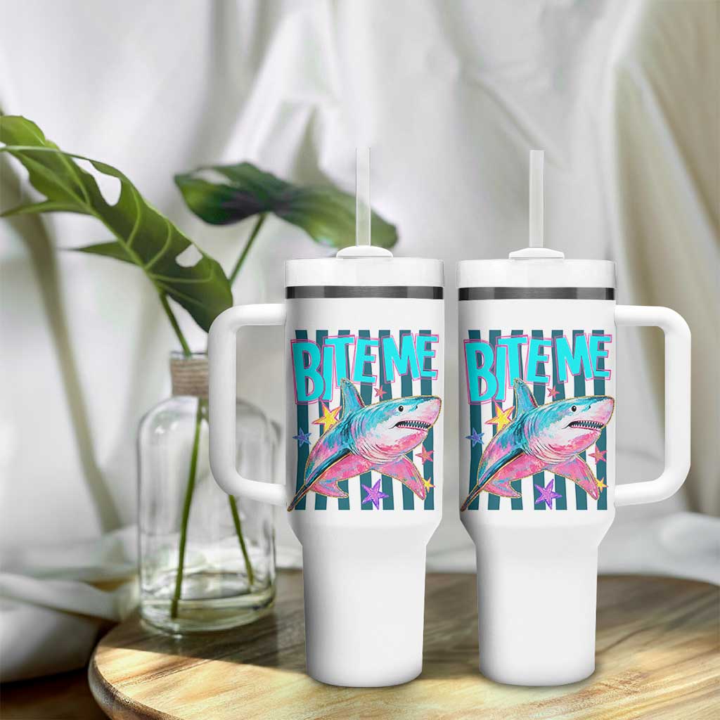 Funny Bite Me Shark Lover Tumbler With Handle Summer Beach Nautical Stripes Glitter Print