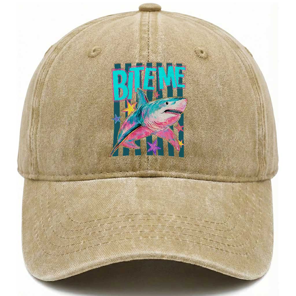 Funny Bite Me Shark Lover Washed Cotton Baseball Cap Summer Beach Nautical Stripes Glitter Print