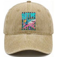 Funny Bite Me Shark Lover Washed Cotton Baseball Cap Summer Beach Nautical Stripes Glitter Print