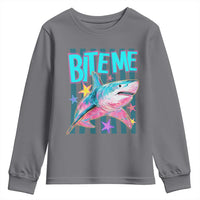 Funny Bite Me Shark Lover Youth Sweatshirt Summer Beach Nautical Stripes Glitter Print