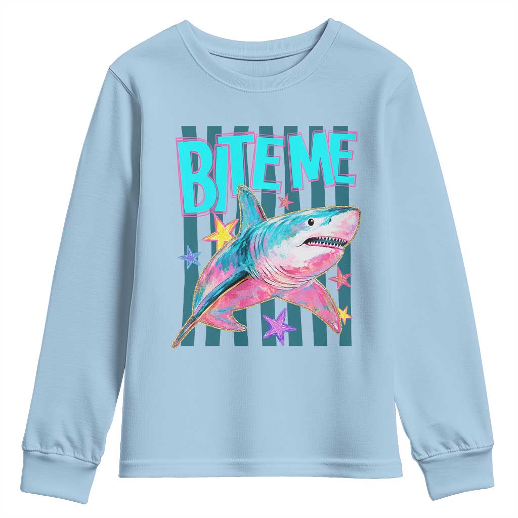 Funny Bite Me Shark Lover Youth Sweatshirt Summer Beach Nautical Stripes Glitter Print