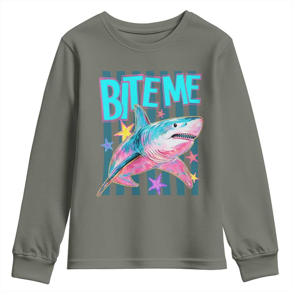Funny Bite Me Shark Lover Youth Sweatshirt Summer Beach Nautical Stripes Glitter Print