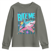 Funny Bite Me Shark Lover Youth Sweatshirt Summer Beach Nautical Stripes Glitter Print