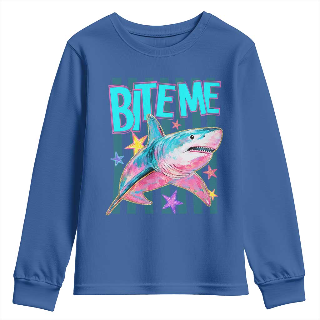 Funny Bite Me Shark Lover Youth Sweatshirt Summer Beach Nautical Stripes Glitter Print