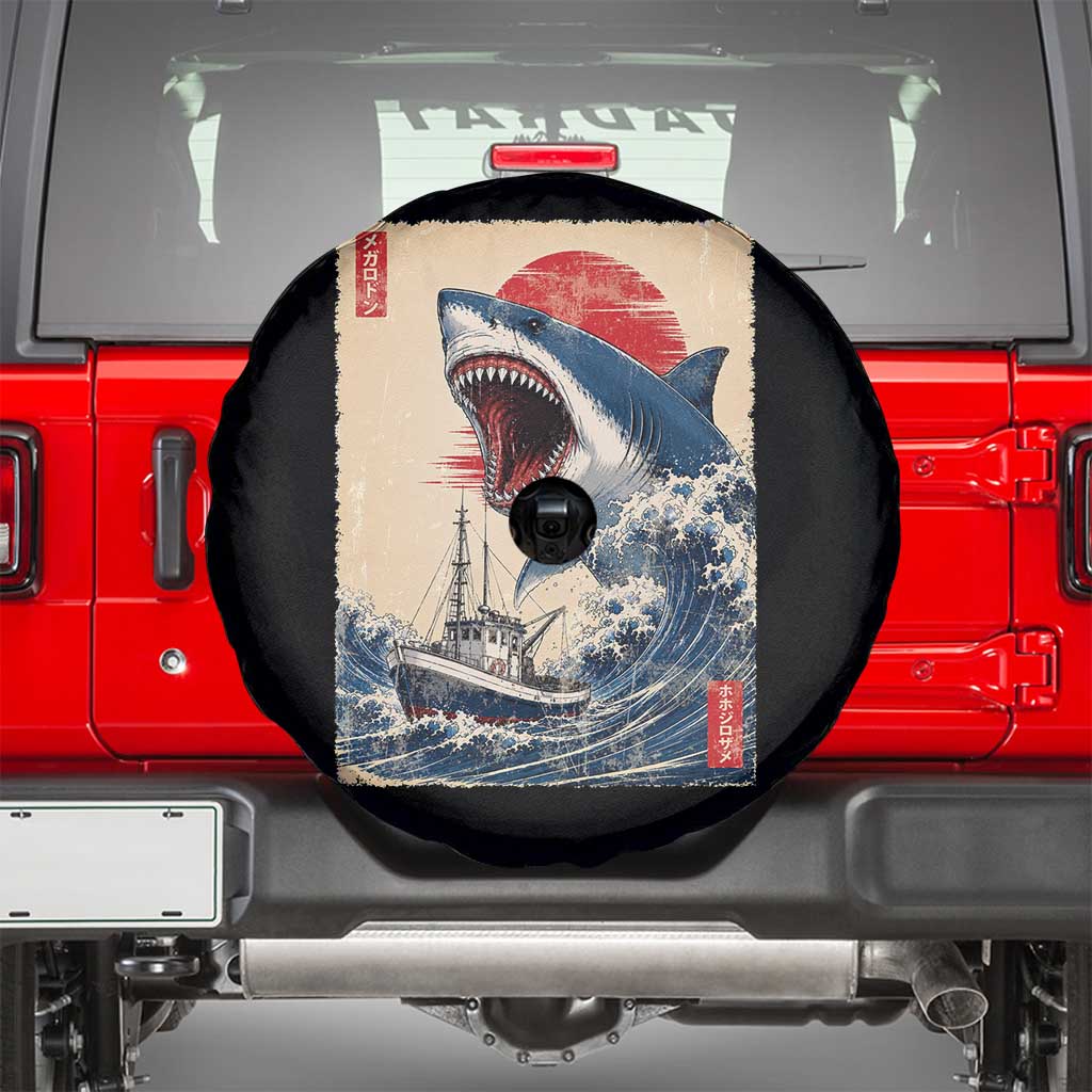 Megalodon Shark Japanese Vintage Graphic Ukiyo e Art Spare Tire Cover
