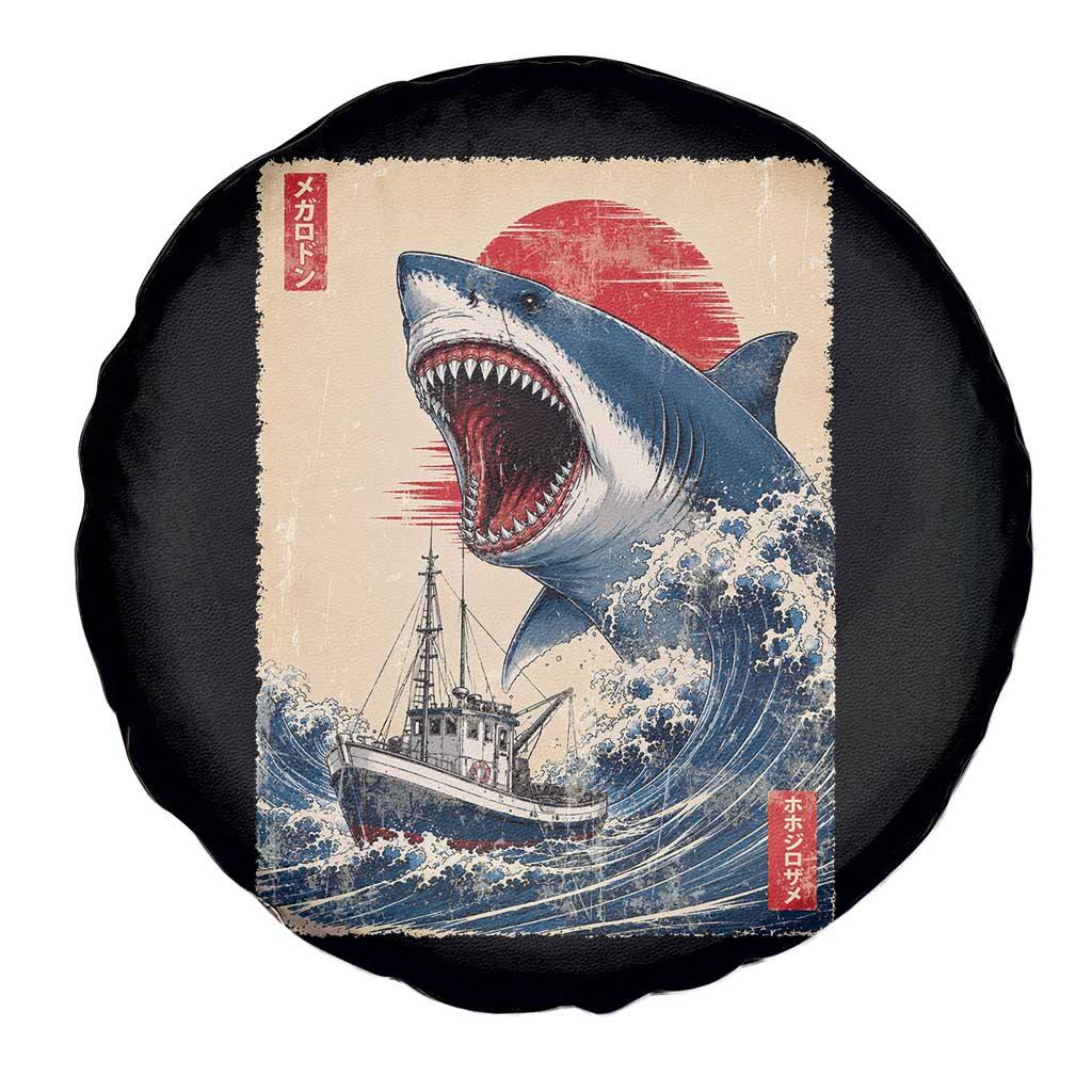 Megalodon Shark Japanese Vintage Graphic Ukiyo e Art Spare Tire Cover