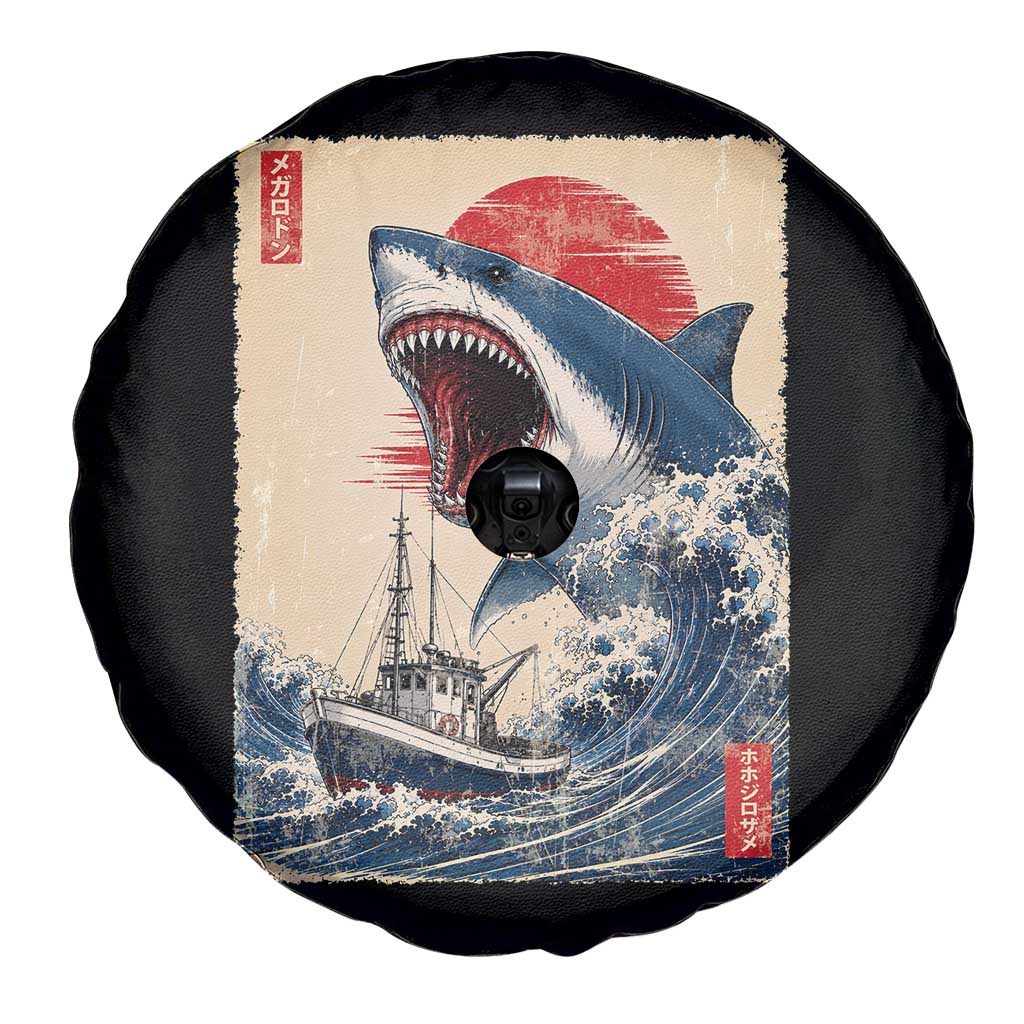 Megalodon Shark Japanese Vintage Graphic Ukiyo e Art Spare Tire Cover