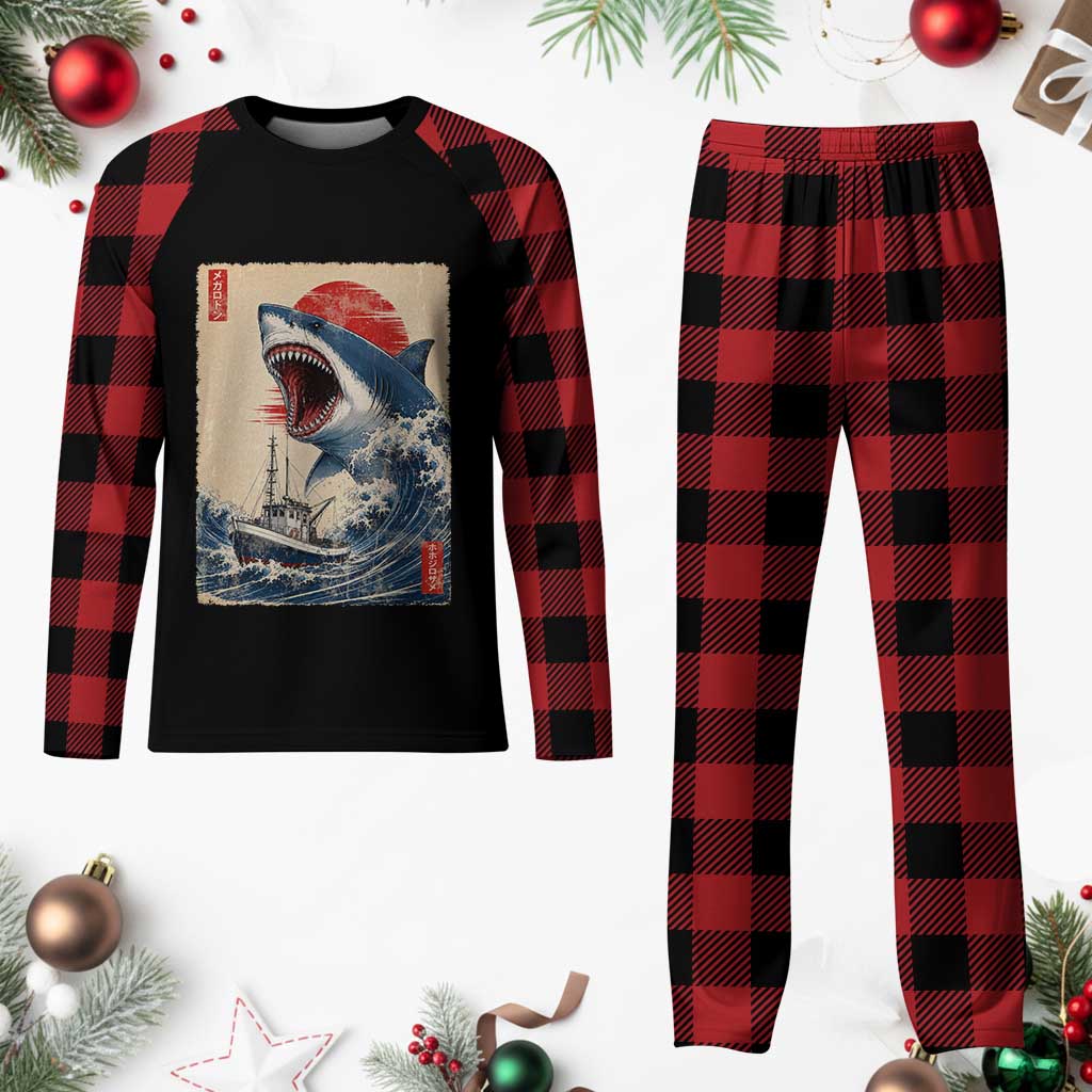 Megalodon Shark Japanese Vintage Graphic Ukiyo e Art Plaid Pajama Set
