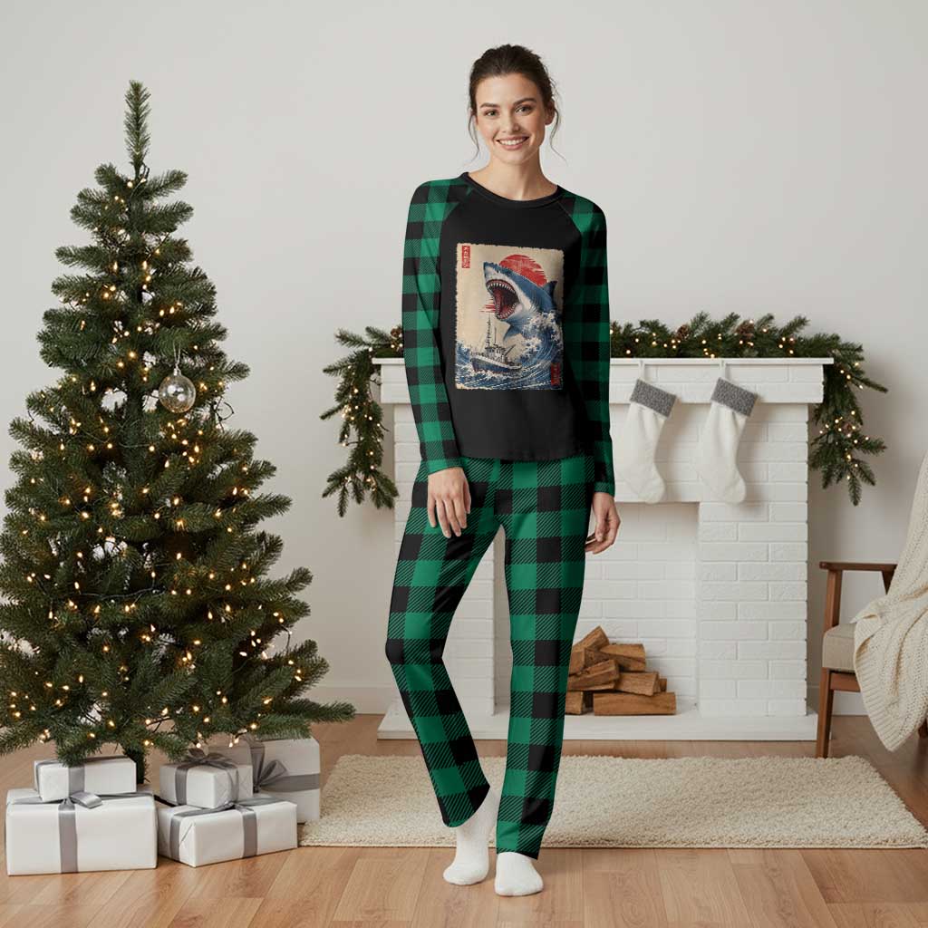 Megalodon Shark Japanese Vintage Graphic Ukiyo e Art Plaid Pajama Set