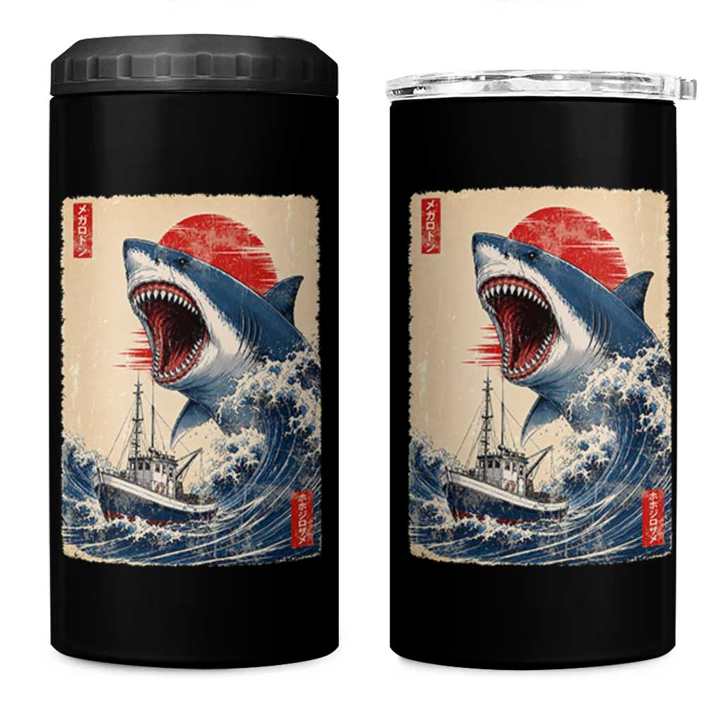 Megalodon Shark Japanese Vintage Graphic Ukiyo e Art 4 in 1 Can Cooler Tumbler