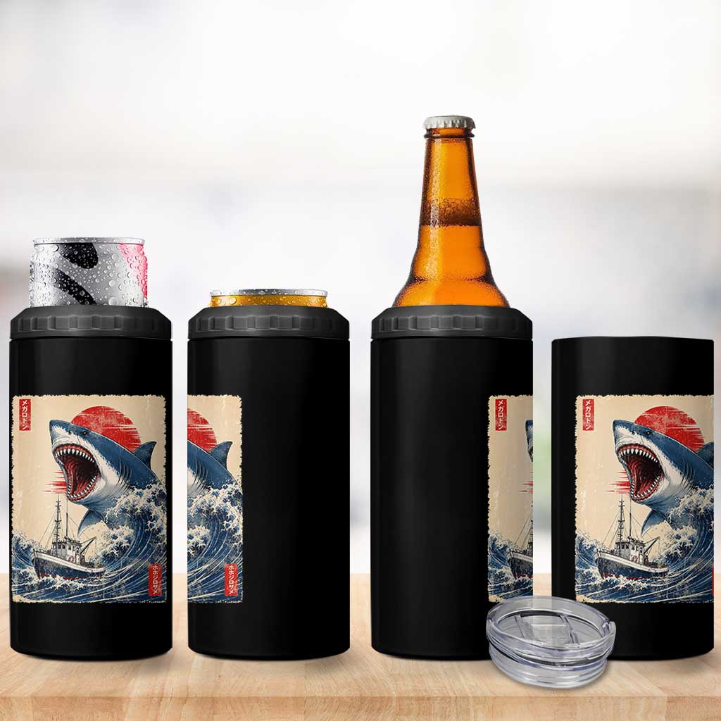 Megalodon Shark Japanese Vintage Graphic Ukiyo e Art 4 in 1 Can Cooler Tumbler