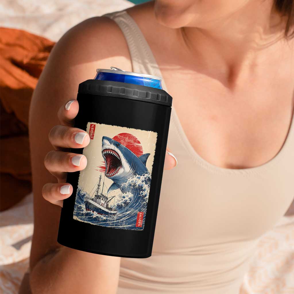 Megalodon Shark Japanese Vintage Graphic Ukiyo e Art 4 in 1 Can Cooler Tumbler