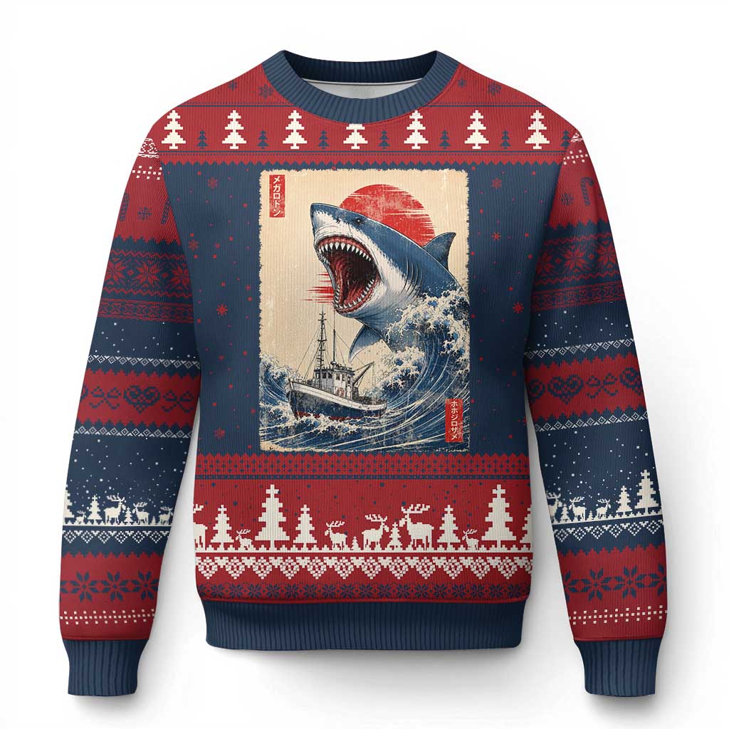 Megalodon Shark Japanese Vintage Graphic Ukiyo e Art Ugly Christmas Sweater