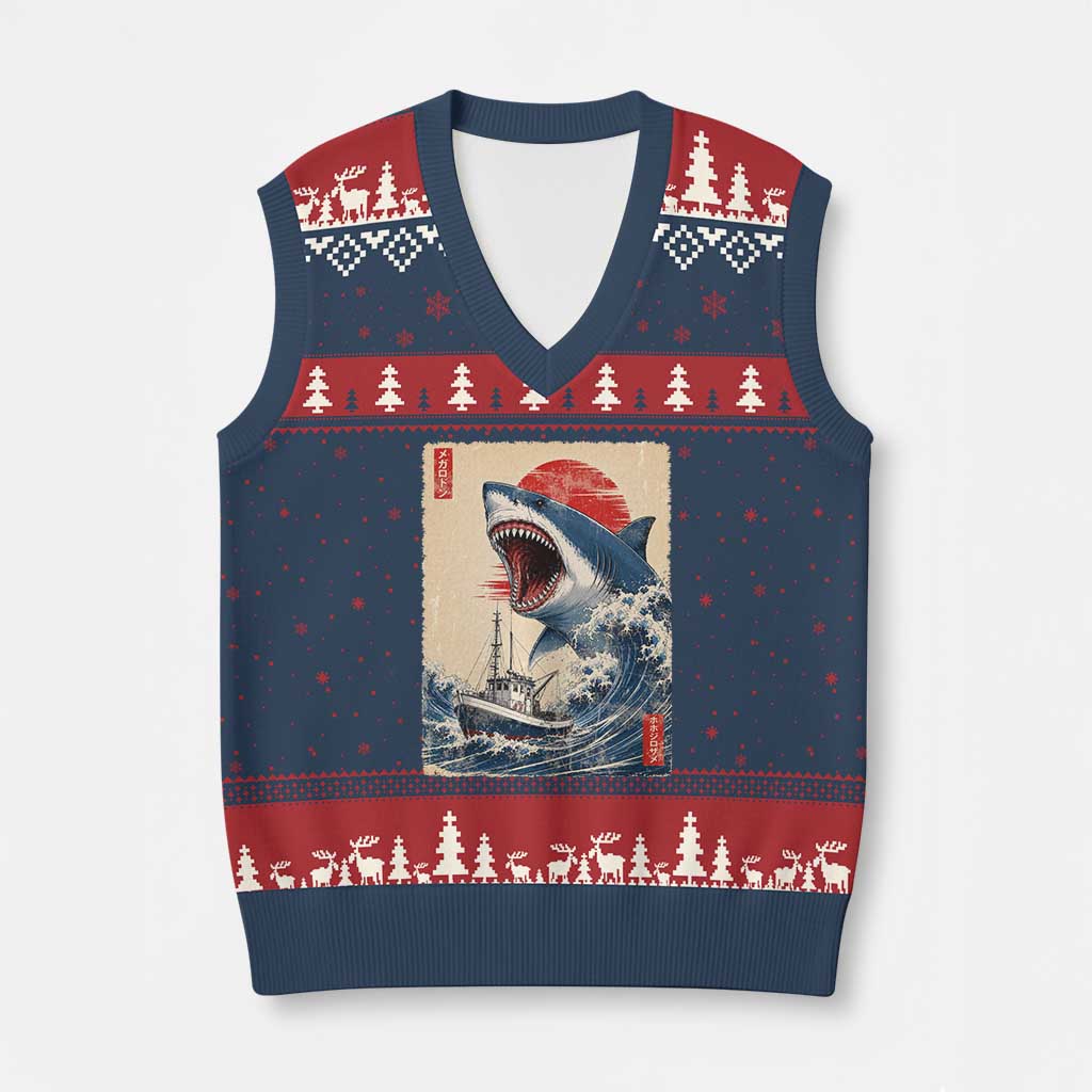 Megalodon Shark Japanese Vintage Graphic Ukiyo e Art V-Neck Knit Sweater Vest